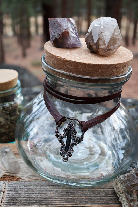 Black Tourmaline Copper and Leather Choker