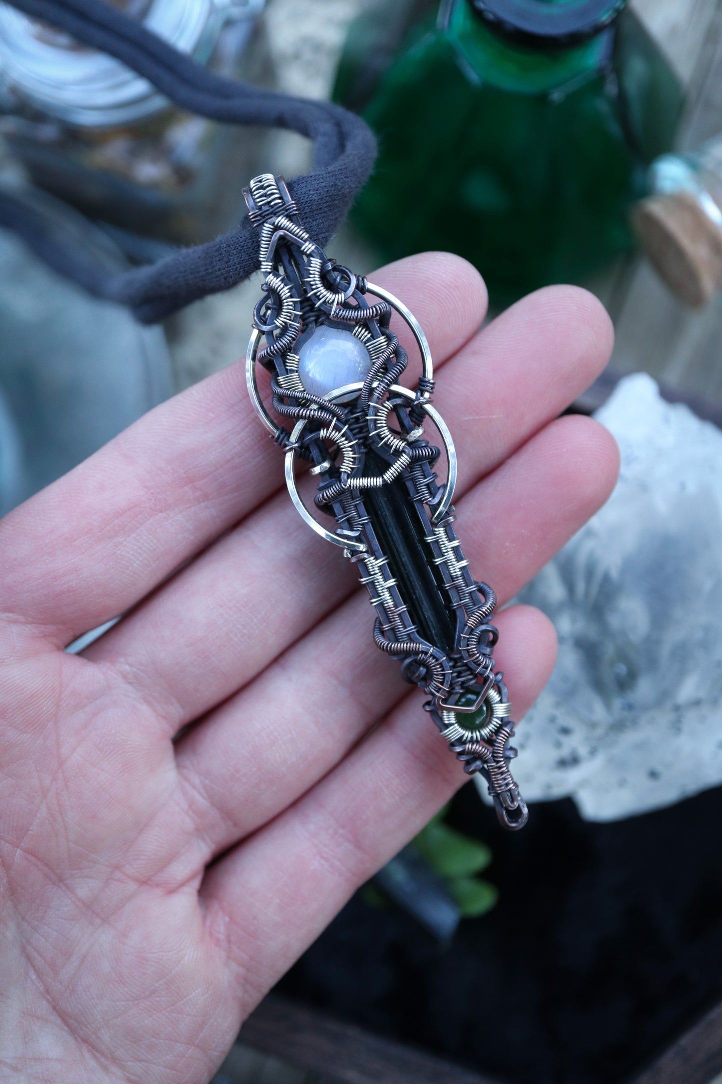 Green Tourmaline Crystal with Moonstone and Jade