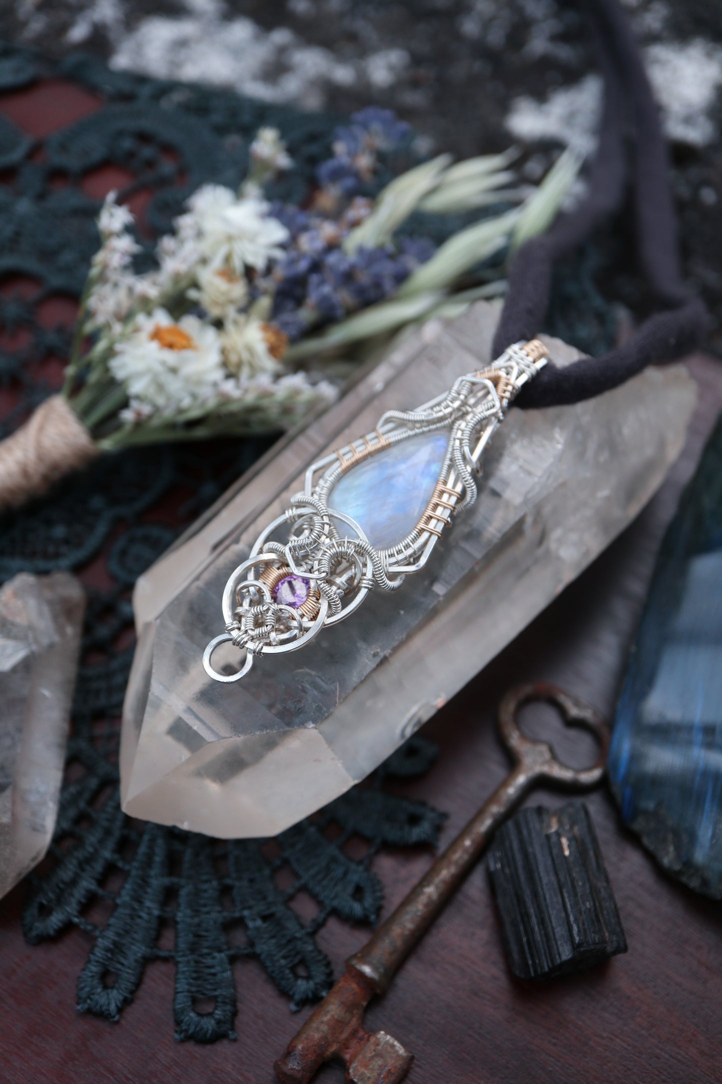Moonstone and Amethyst in Silver and Gold