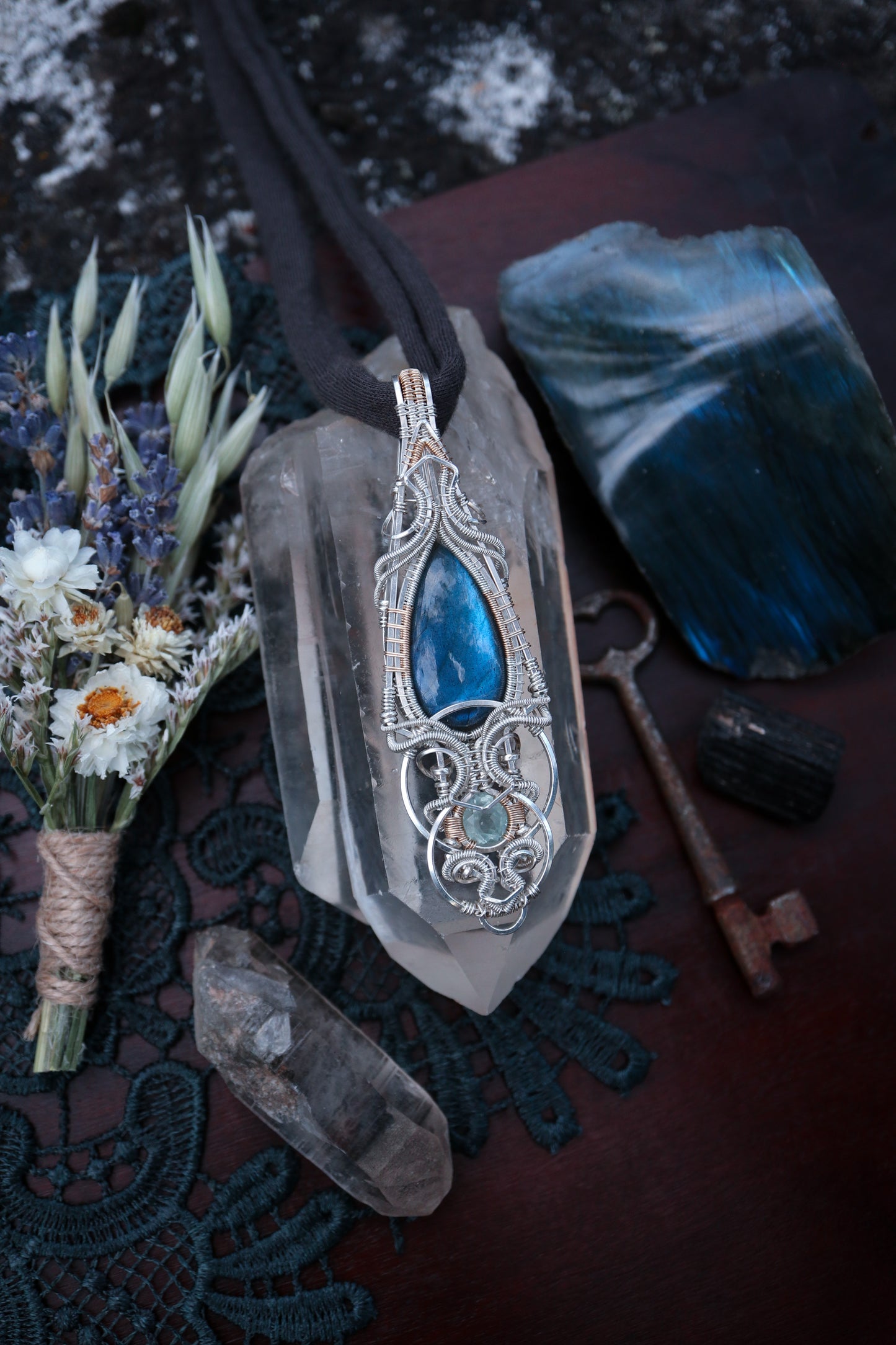 Labradorite and Aquamarine in Silver and Gold