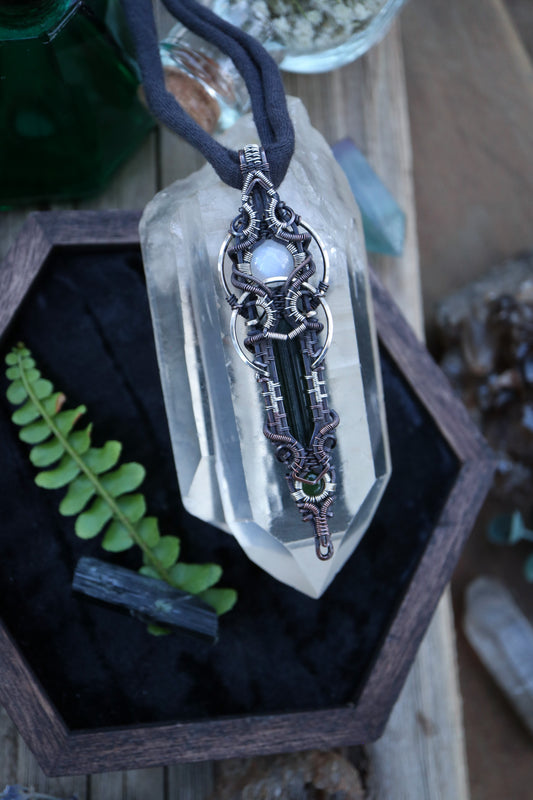 Green Tourmaline Crystal with Moonstone and Jade