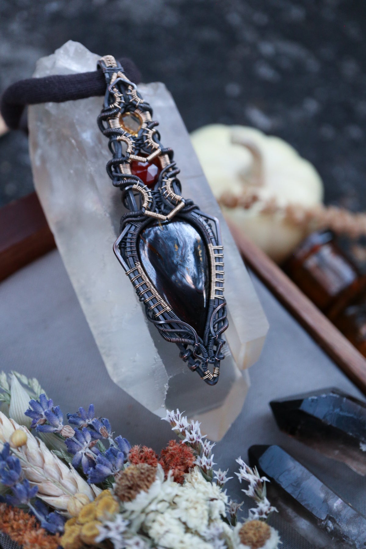 Tiger Iron, Hessonite Garnet and Citrine set in Copper with Gold