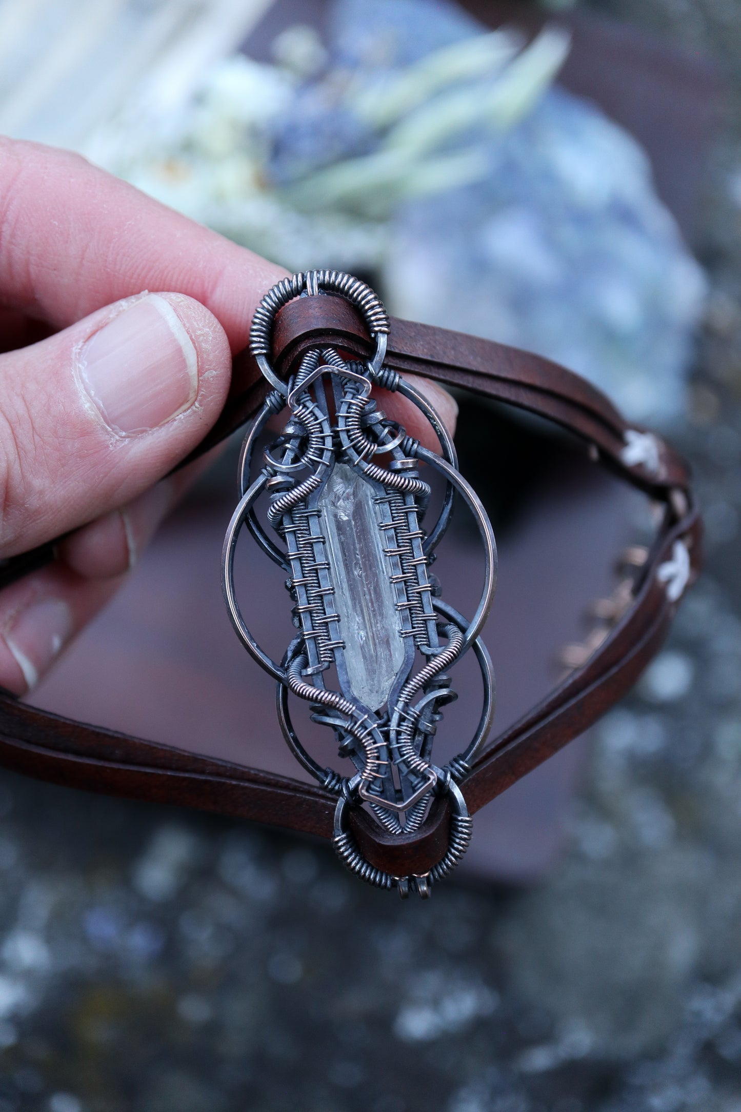 Danburite set  in Copper on Leather Bracelet