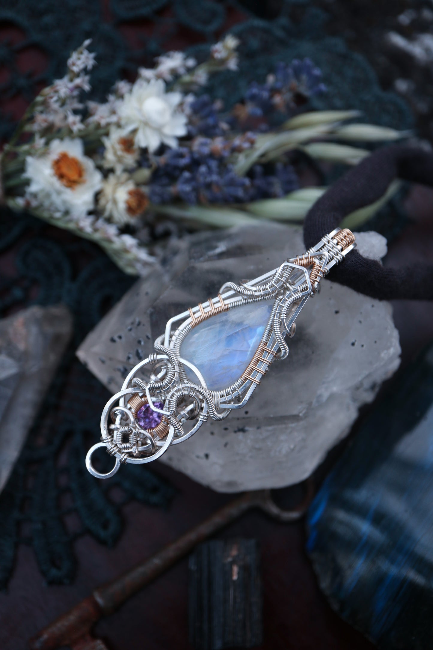 Moonstone and Amethyst in Silver and Gold