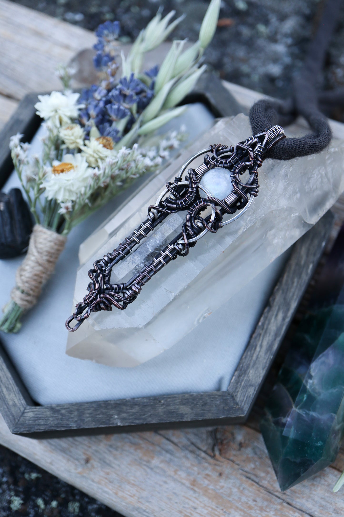 Moonstone and Himalayan Quartz in Copper with Silver