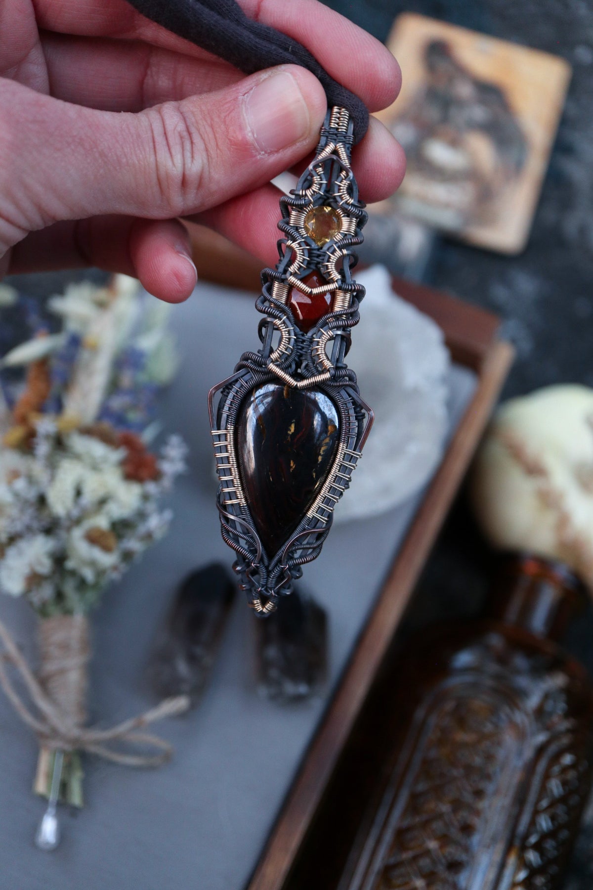 Tiger Iron, Hessonite Garnet and Citrine set in Copper with Gold