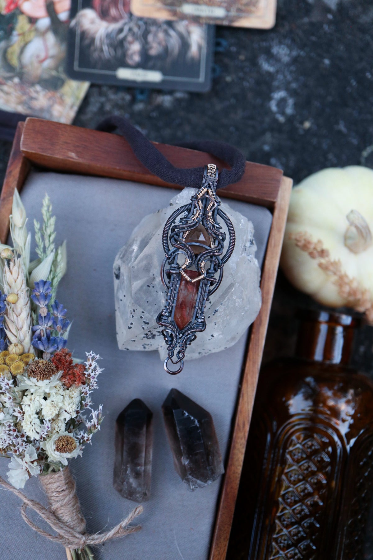 Iron included Quartz and Smoky Quartz set in Copper with Gold