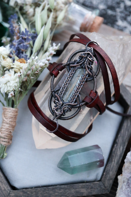 Aquamarine Copper and Leather Wrap Bracelet
