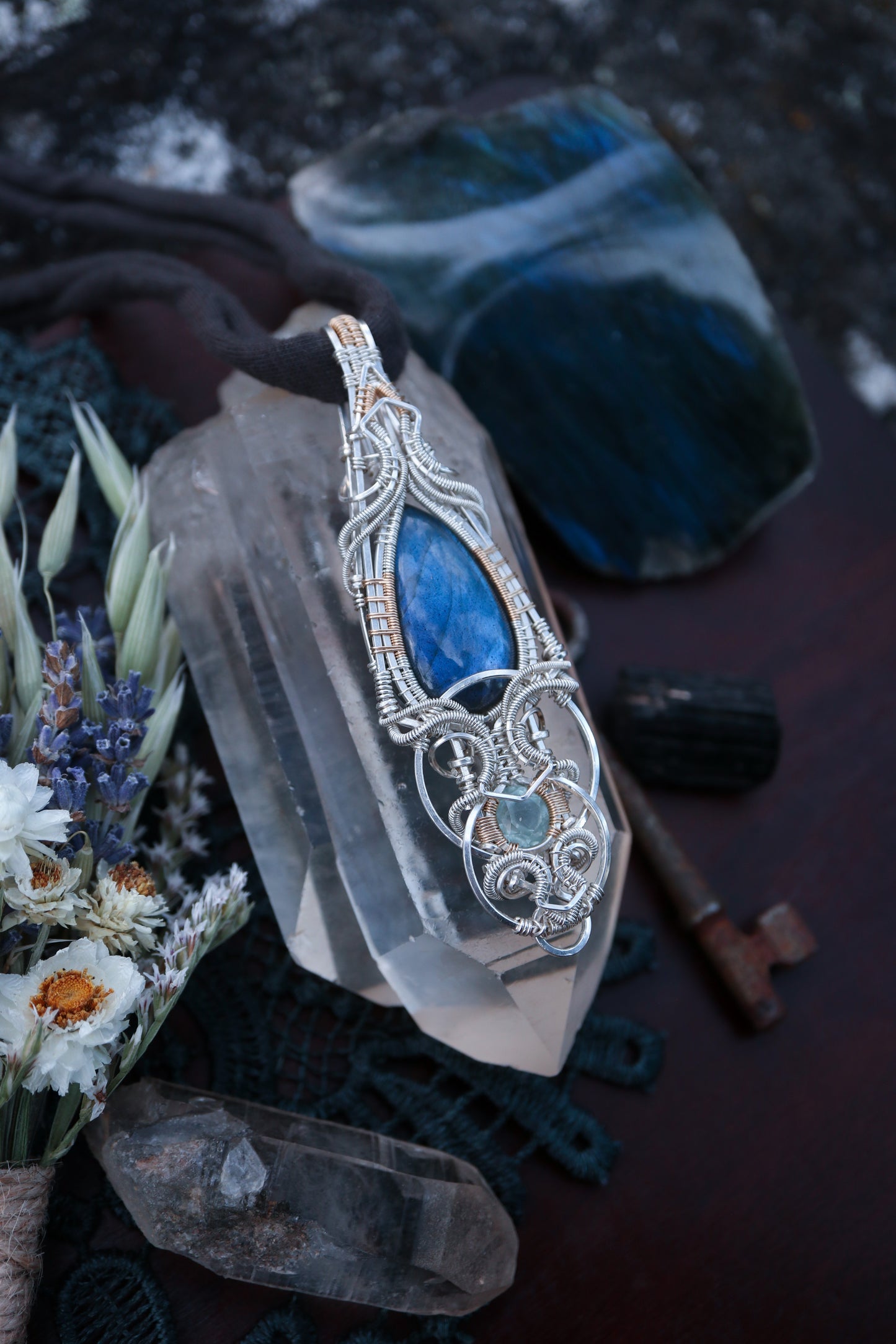 Labradorite and Aquamarine in Silver and Gold