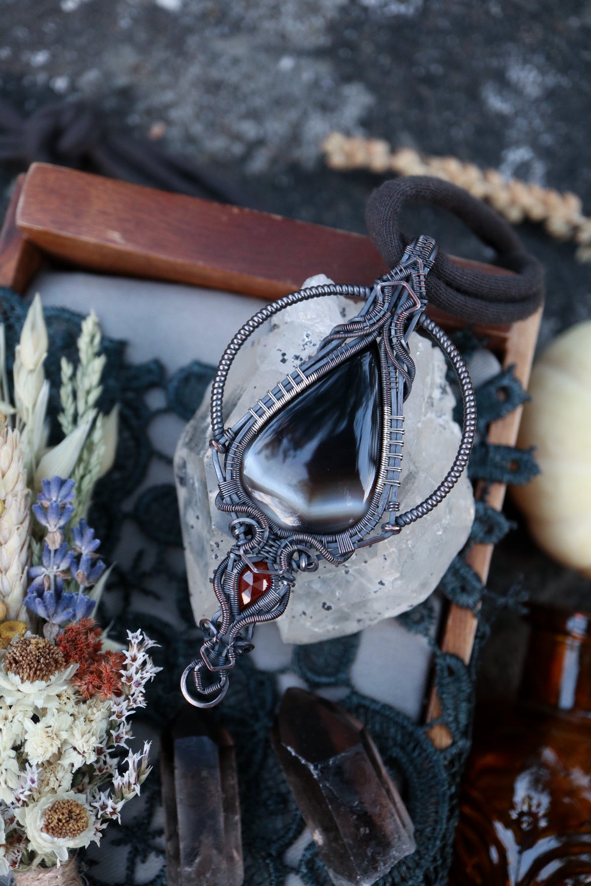 Banded Agate and Hessonite Garnet set in Copper with Silver