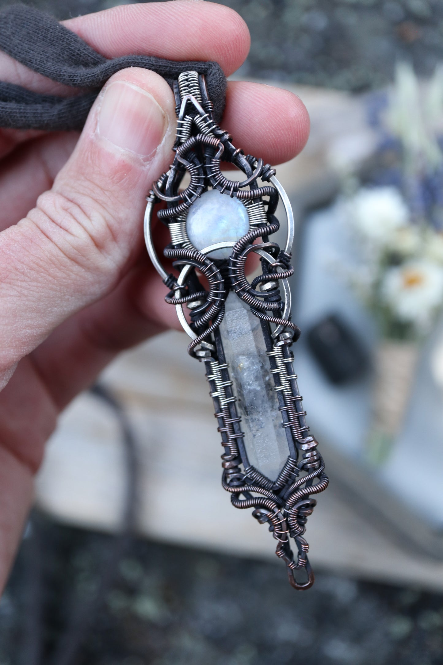 Moonstone and Himalayan Quartz in Copper with Silver