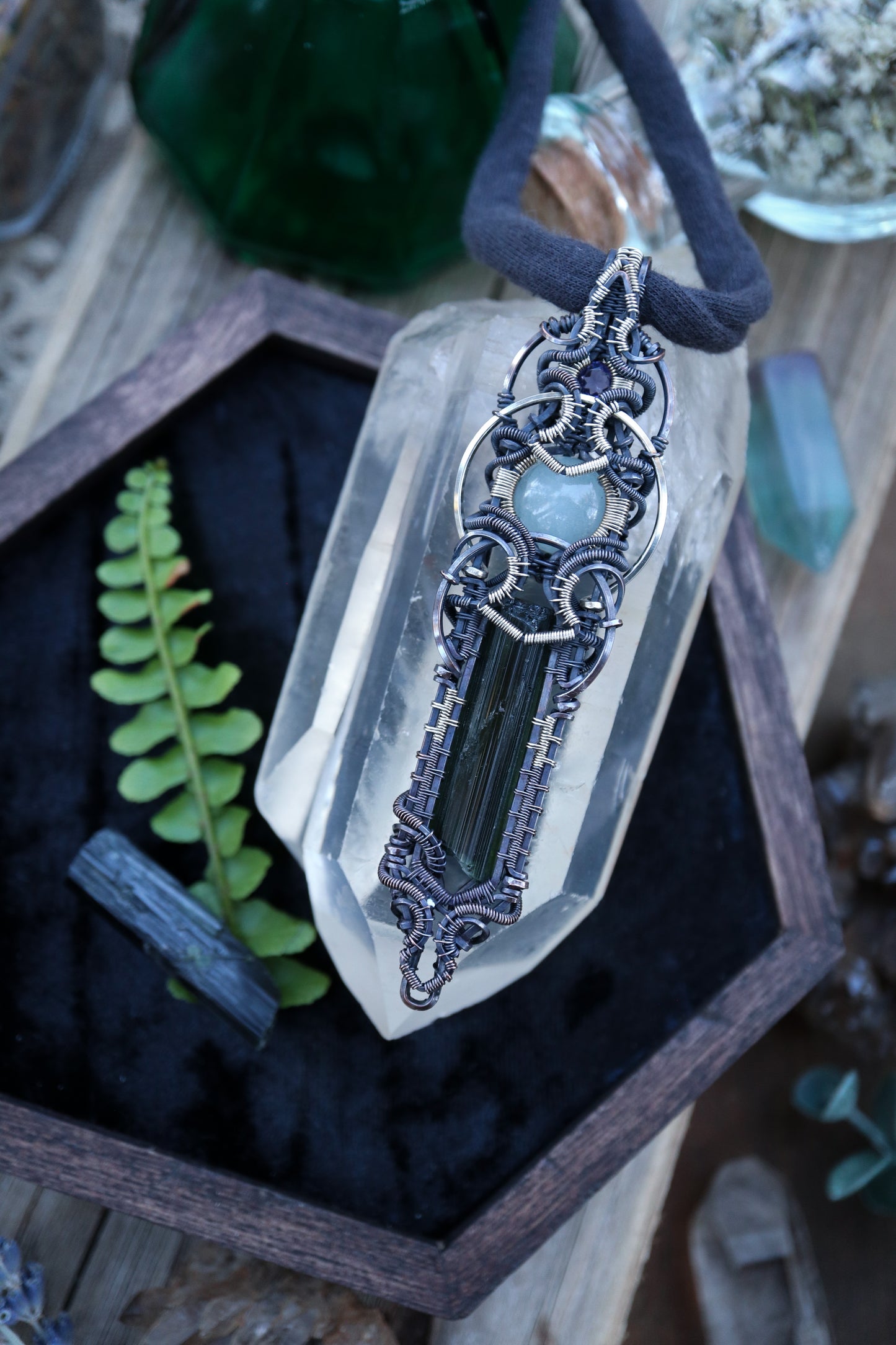 Green Tourmaline with Aquamarine and Iolite