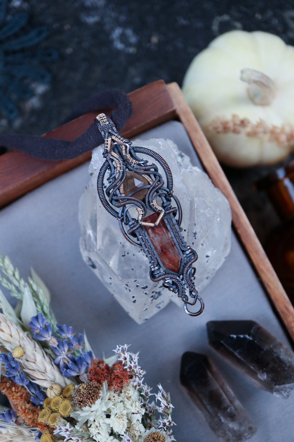 Iron included Quartz and Smoky Quartz set in Copper with Gold