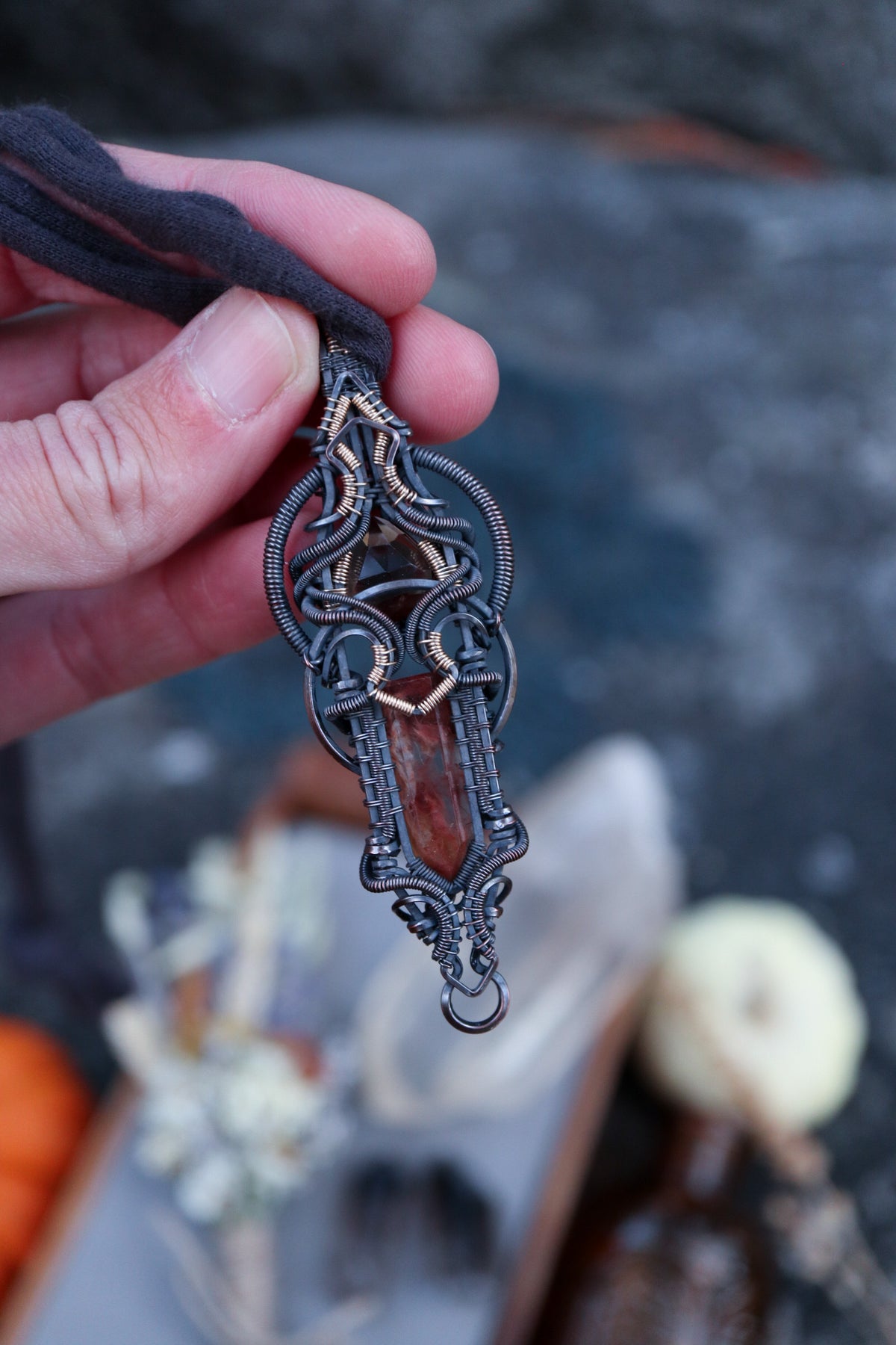 Iron included Quartz and Smoky Quartz set in Copper with Gold