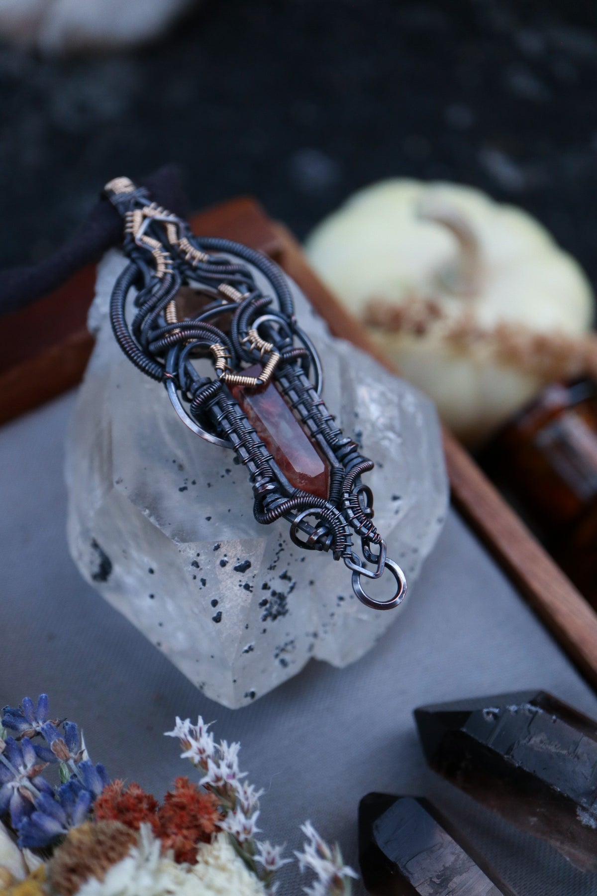 Iron included Quartz and Smoky Quartz set in Copper with Gold
