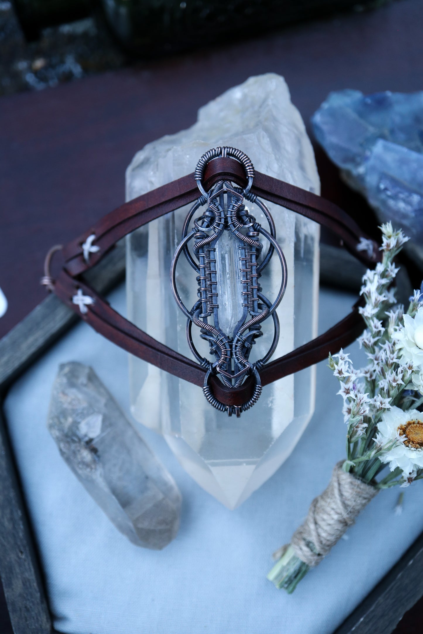 Danburite set  in Copper on Leather Bracelet