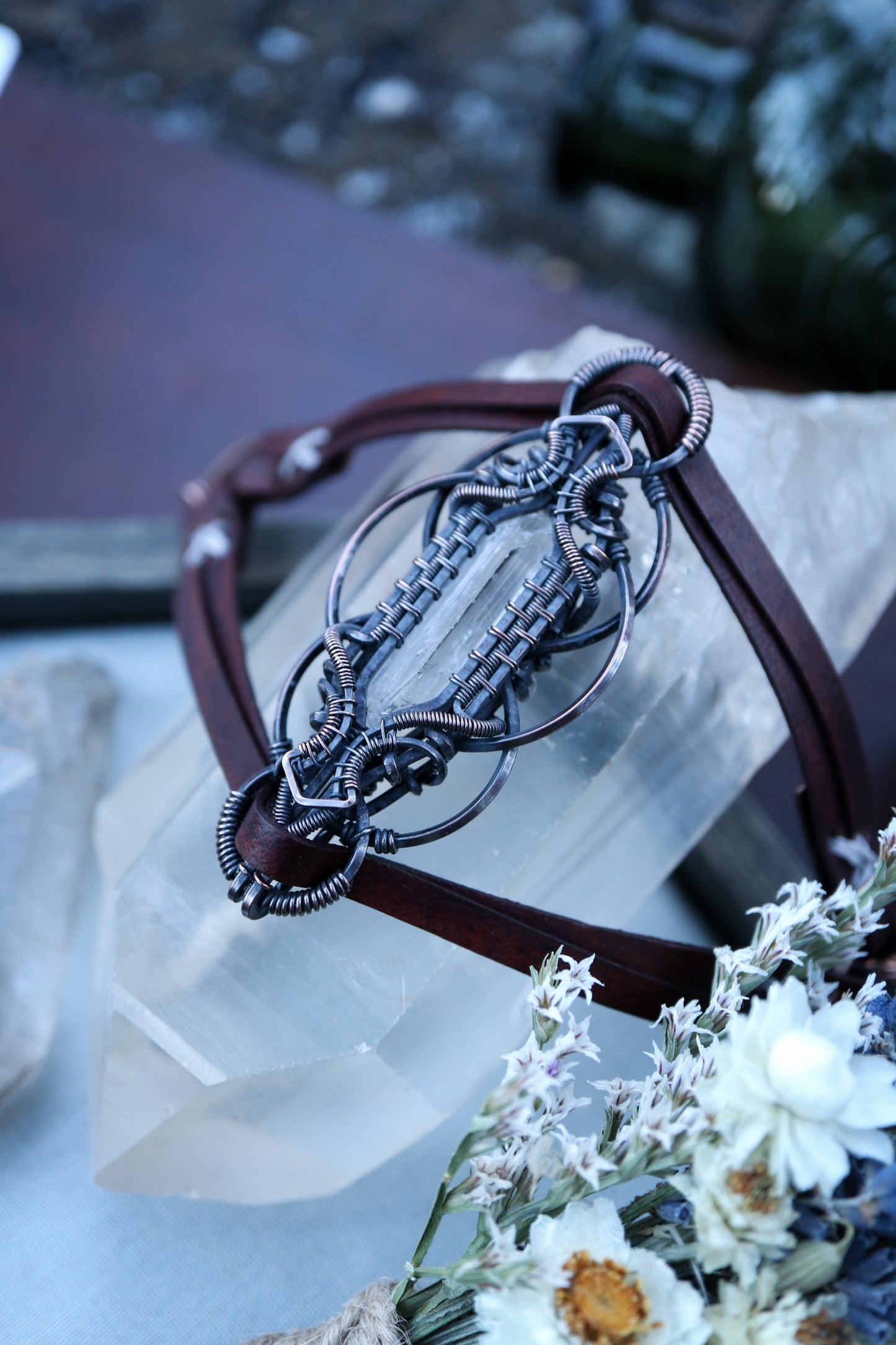 Danburite set  in Copper on Leather Bracelet