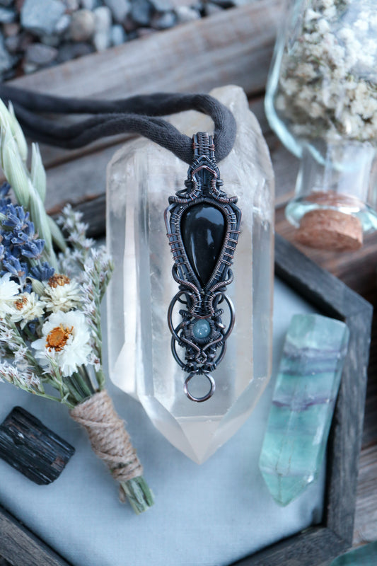 Silver Sheen Obsidian and Aquamarine  in Copper
