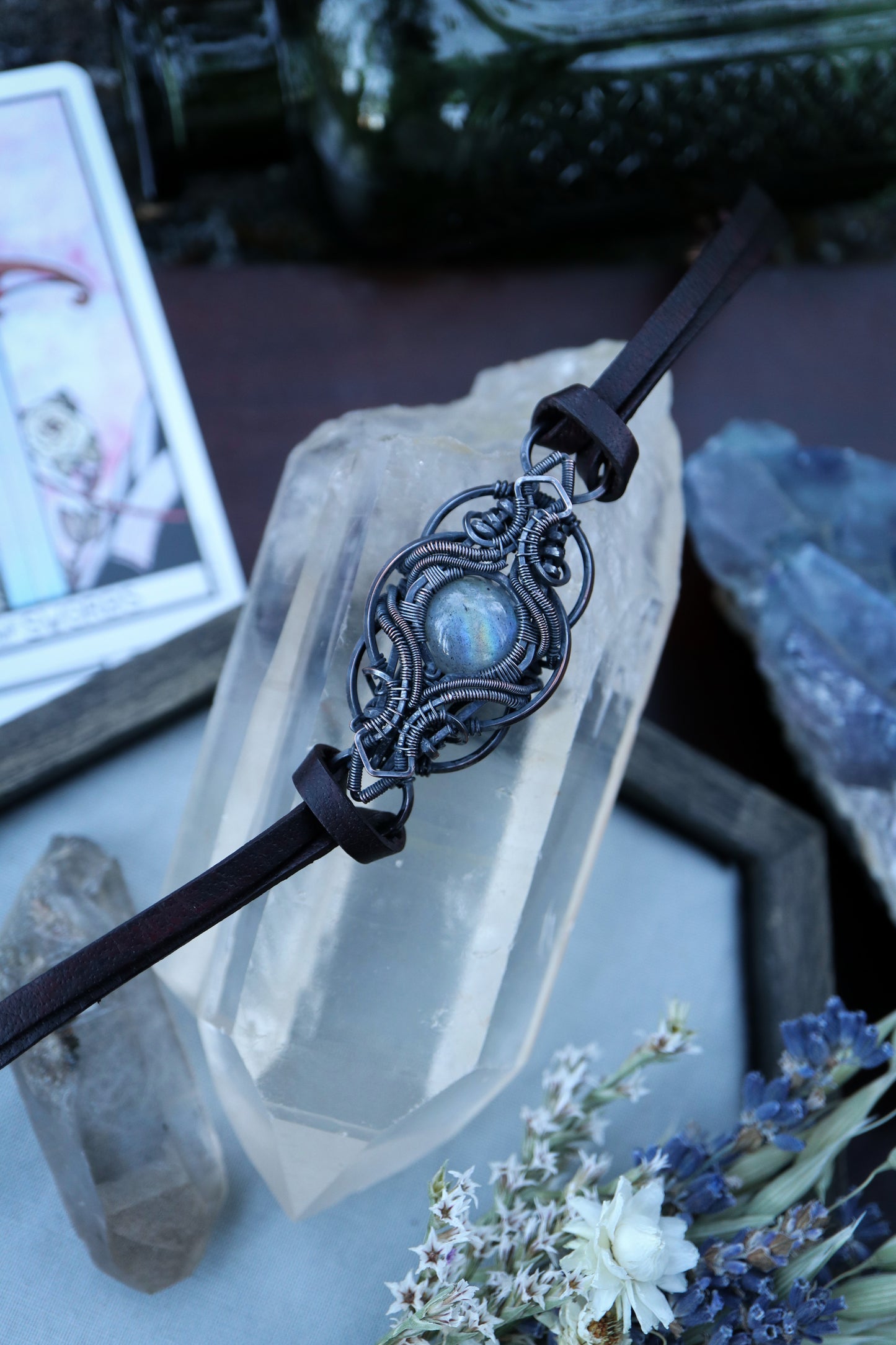 Labradorite set in Copper on Leather Choker