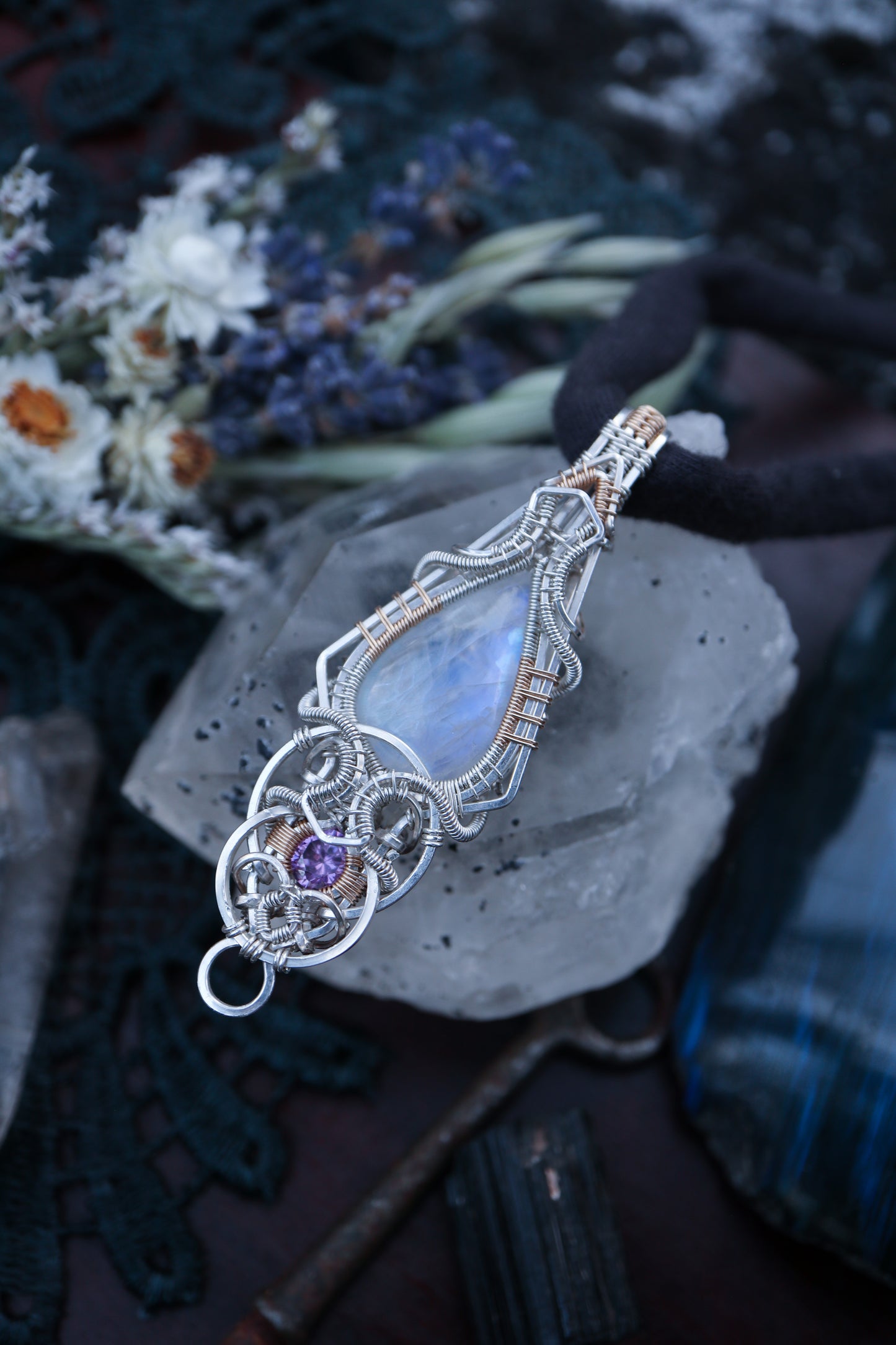 Moonstone and Amethyst in Silver and Gold