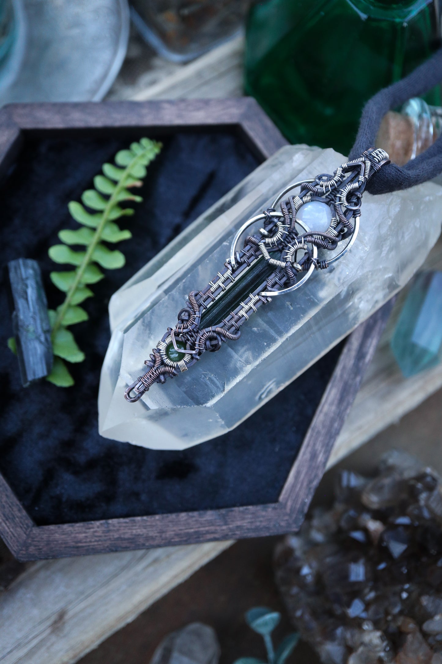 Green Tourmaline Crystal with Moonstone and Jade