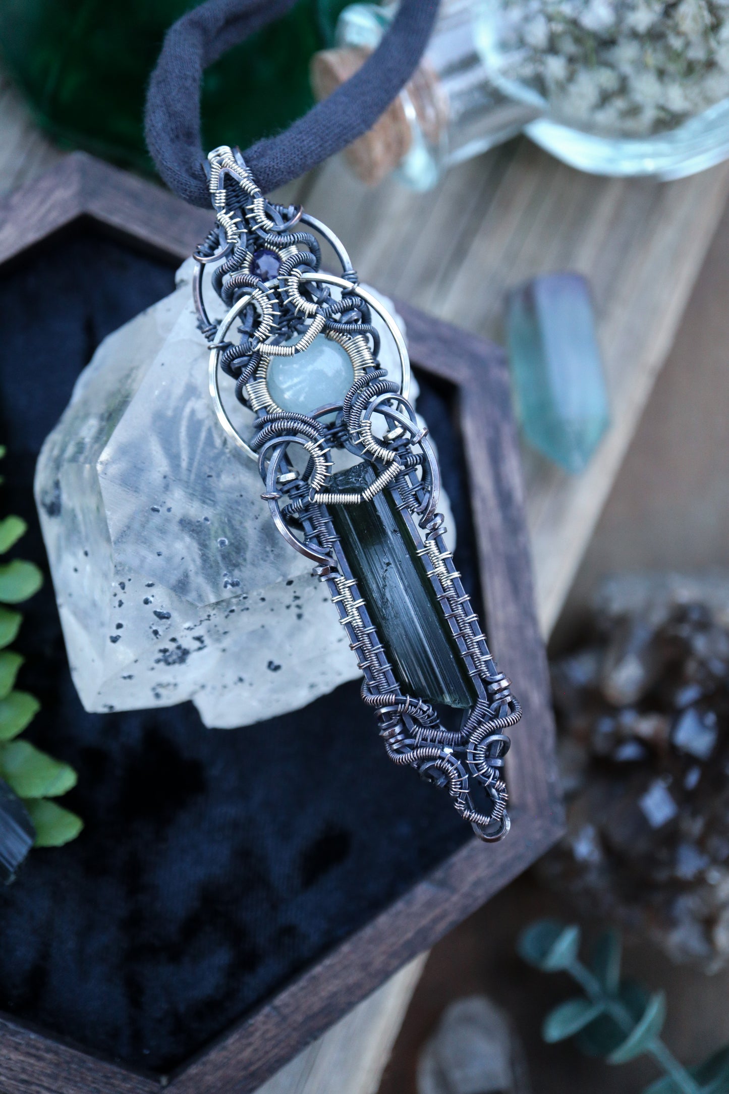 Green Tourmaline with Aquamarine and Iolite