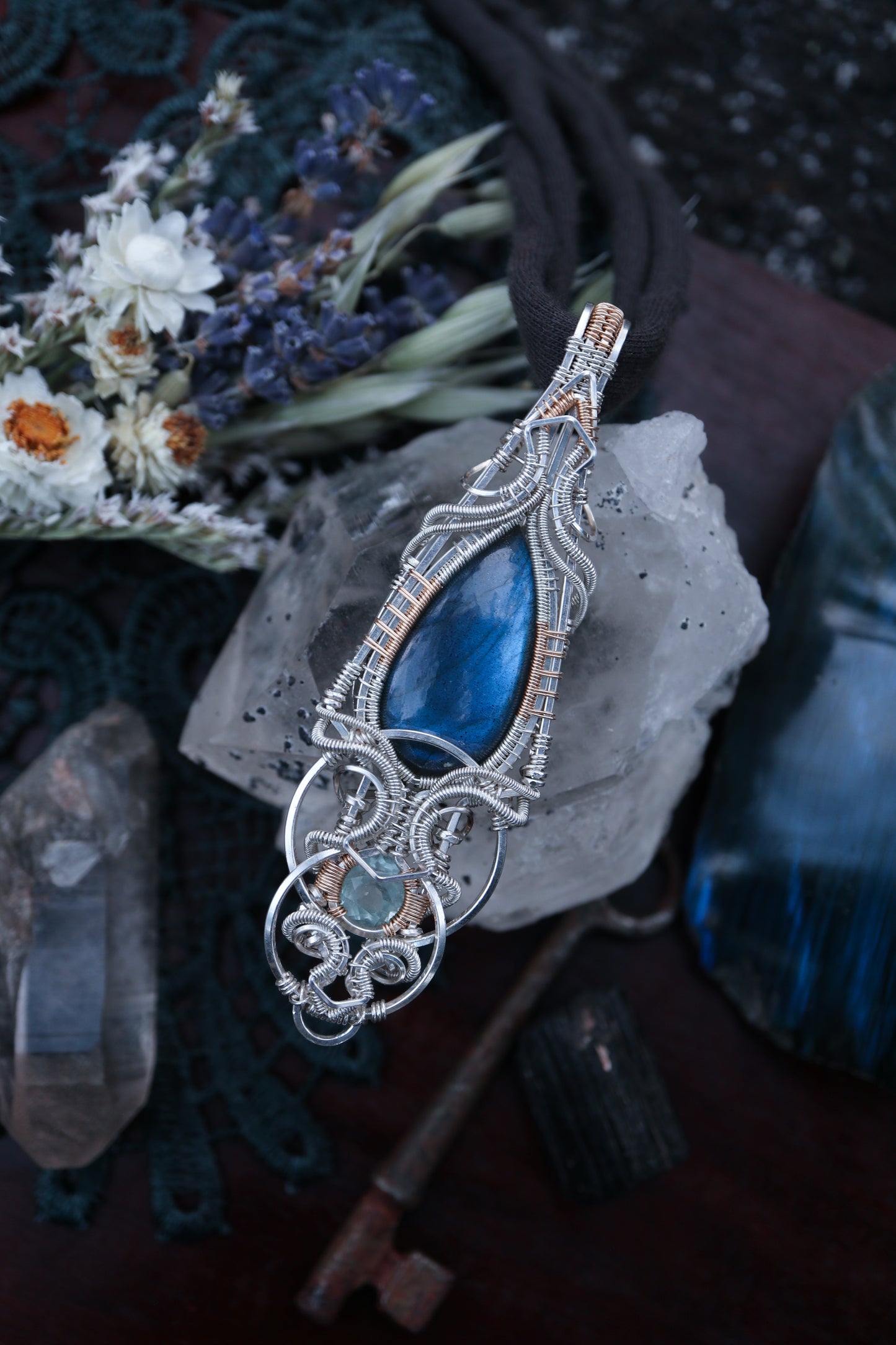 Labradorite and Aquamarine in Silver and Gold