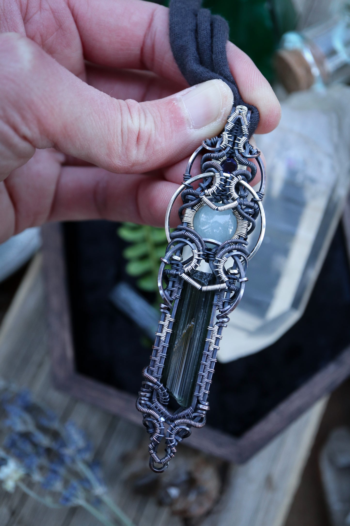 Green Tourmaline with Aquamarine and Iolite