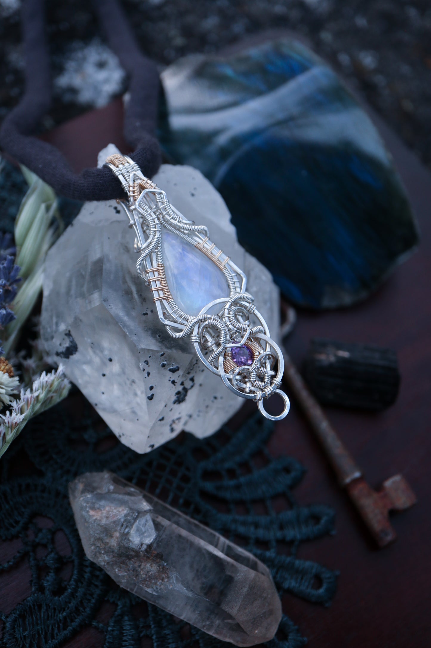 Moonstone and Amethyst in Silver and Gold