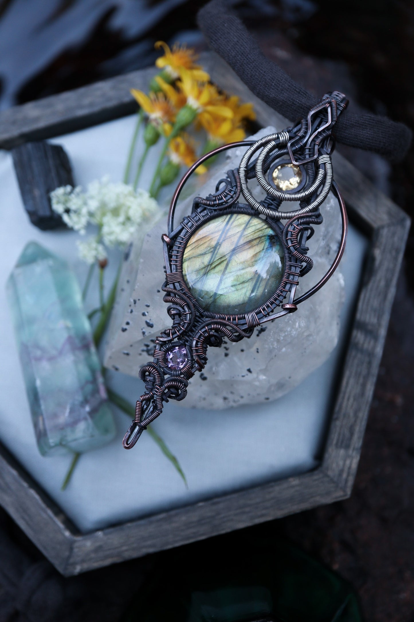 Labradorite with Amethyst and Citrine set in Copper