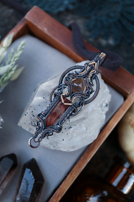 Iron included Quartz and Smoky Quartz set in Copper with Gold