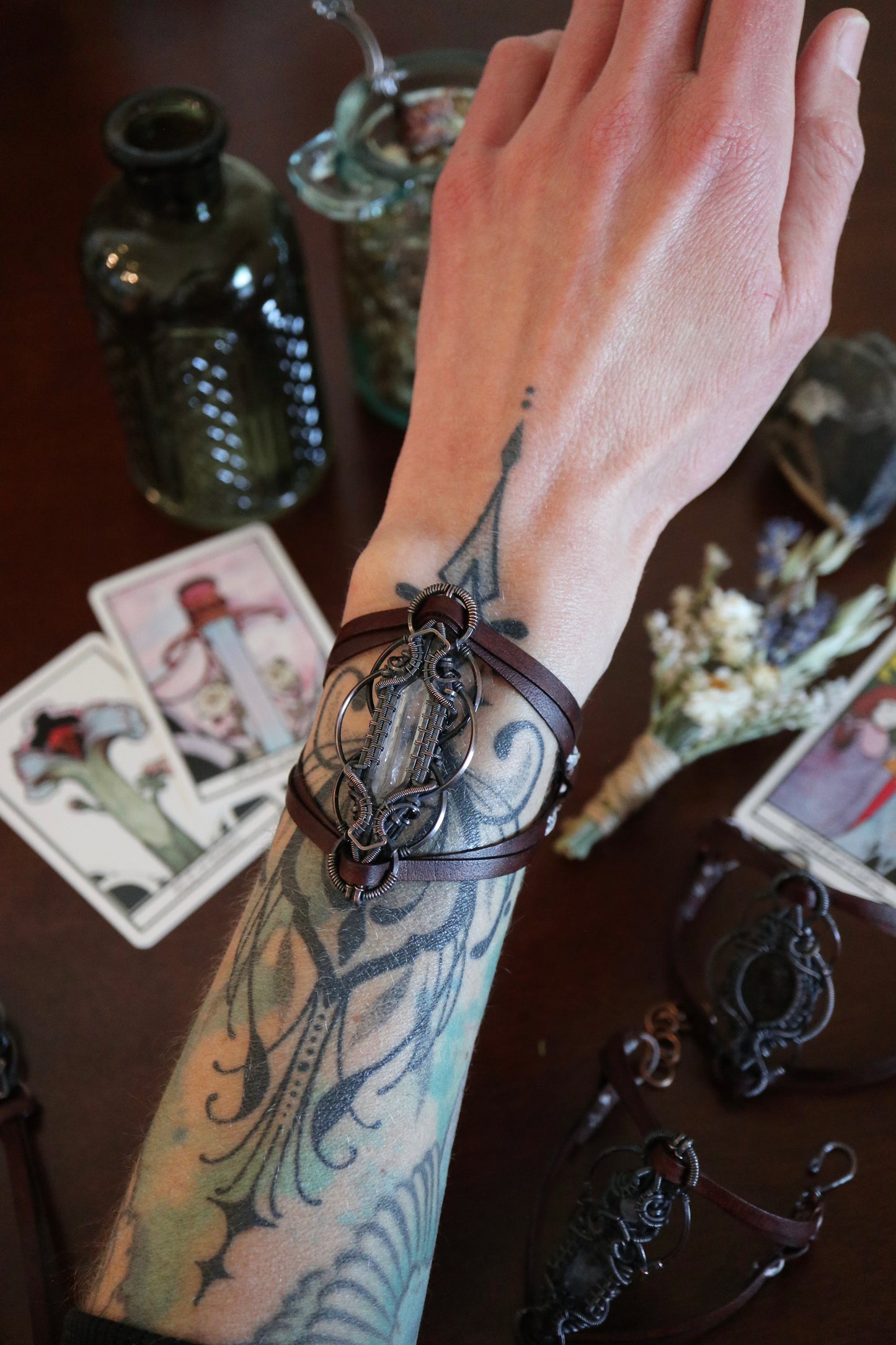 Danburite set  in Copper on Leather Bracelet