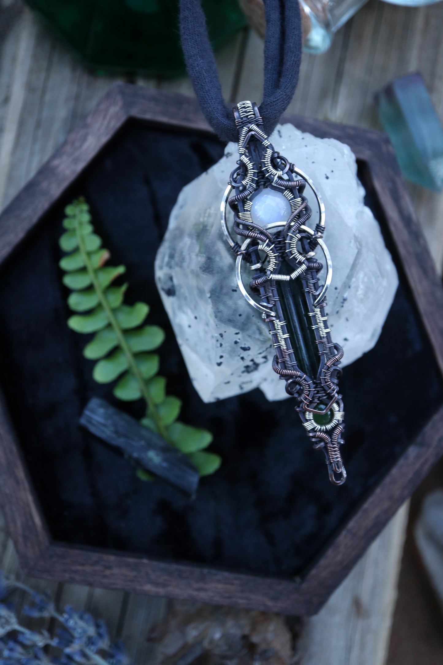 Green Tourmaline Crystal with Moonstone and Jade