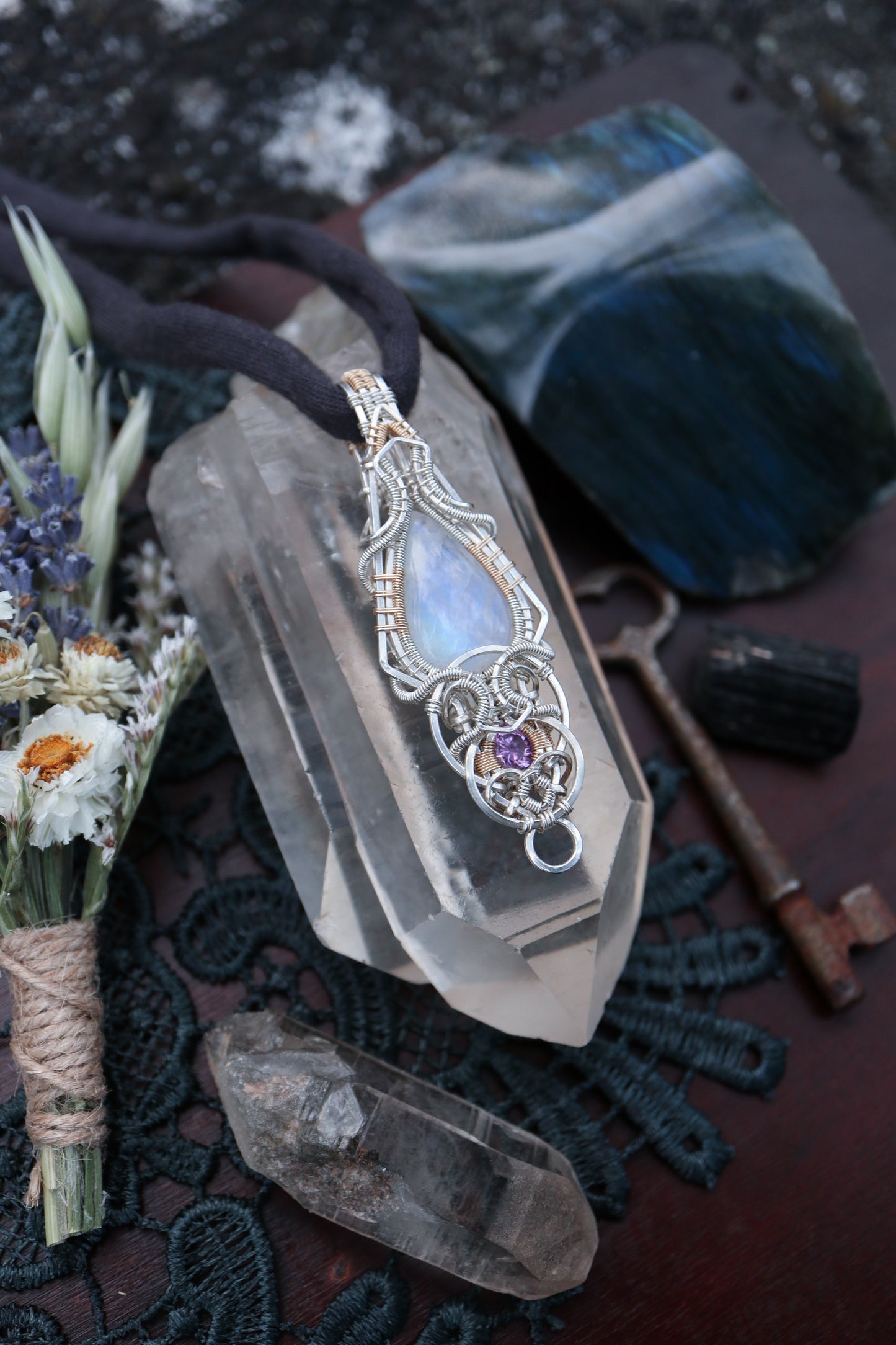 Moonstone and Amethyst in Silver and Gold