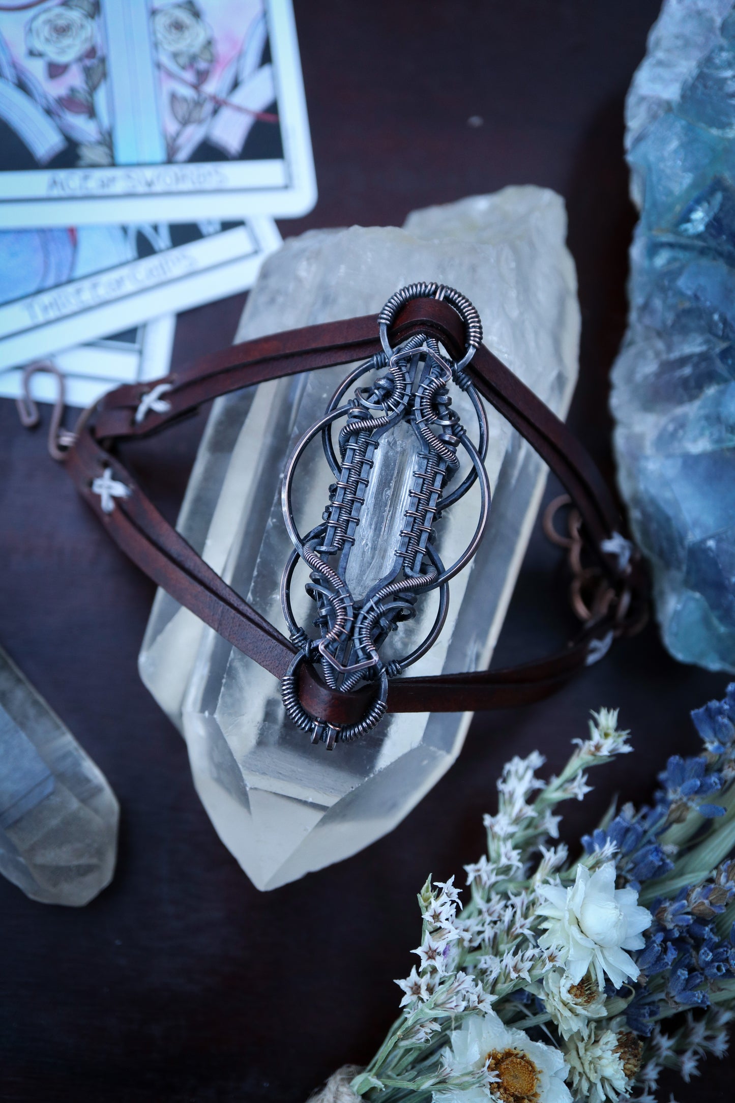 Danburite set  in Copper on Leather Bracelet