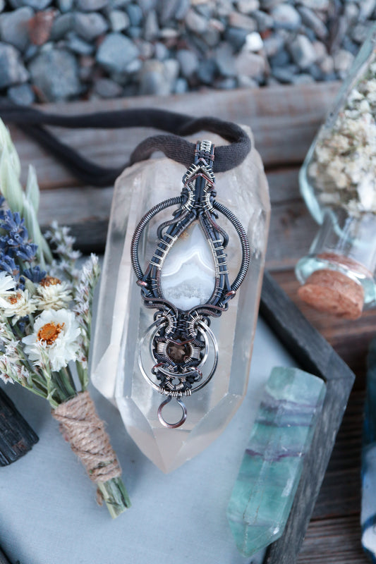 White Banded Agate and Smoky Quartz  in Copper with Silver