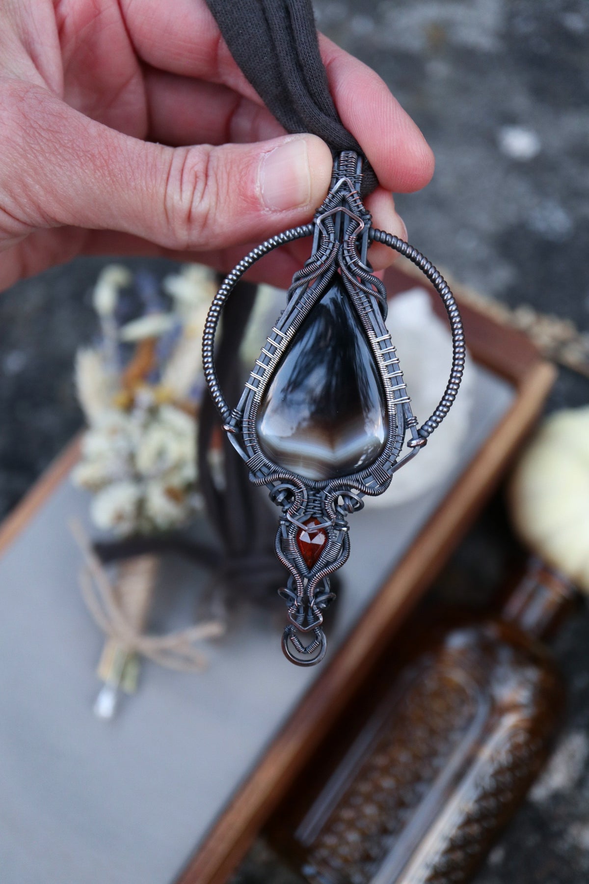 Banded Agate and Hessonite Garnet set in Copper with Silver