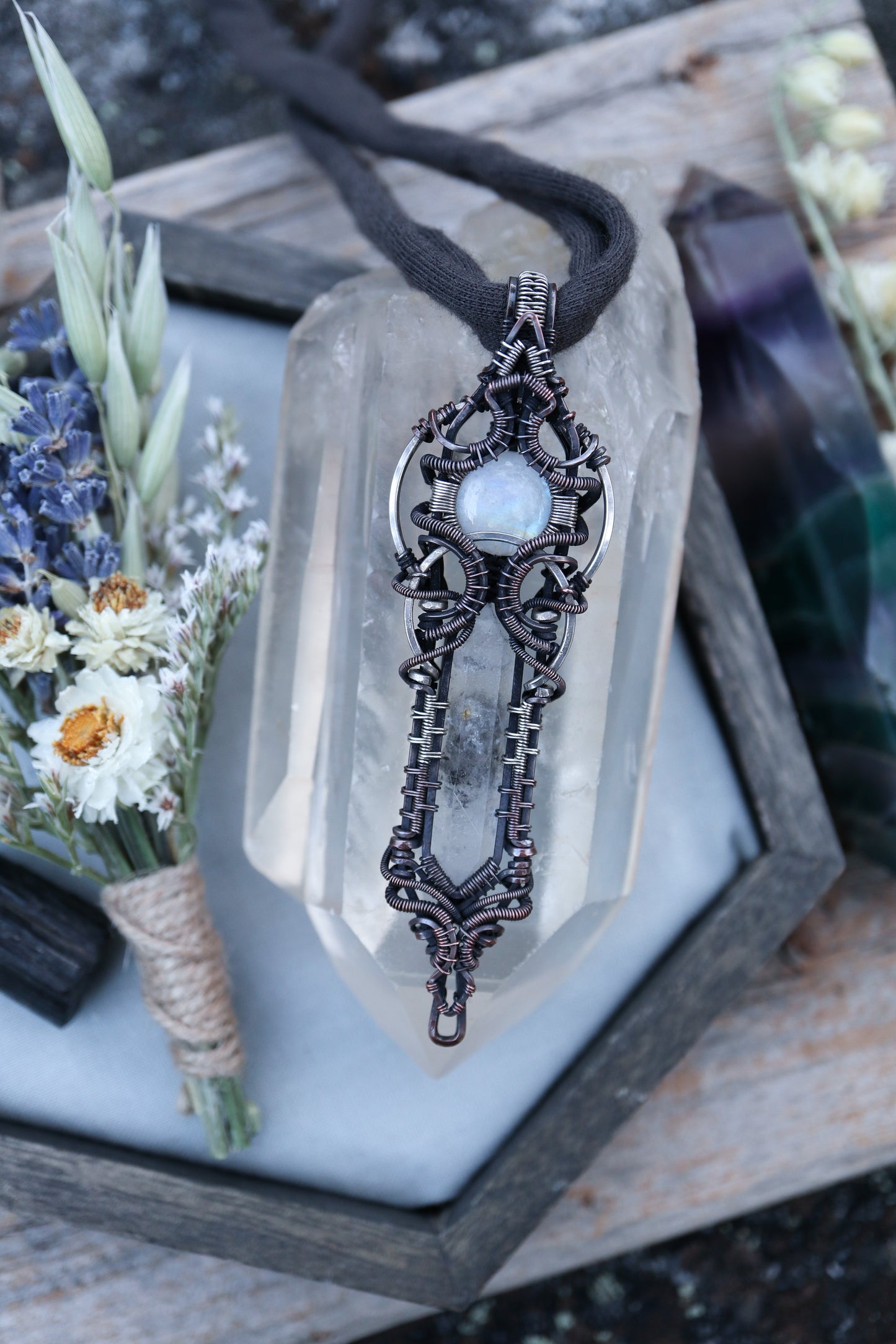 Moonstone and Himalayan Quartz in Copper with Silver