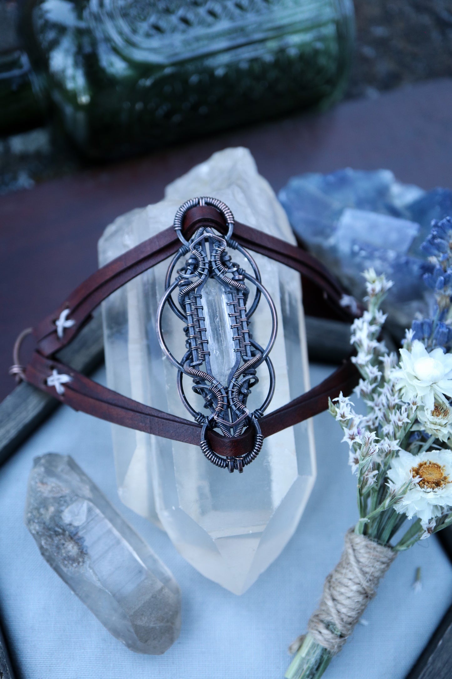 Danburite set  in Copper on Leather Bracelet