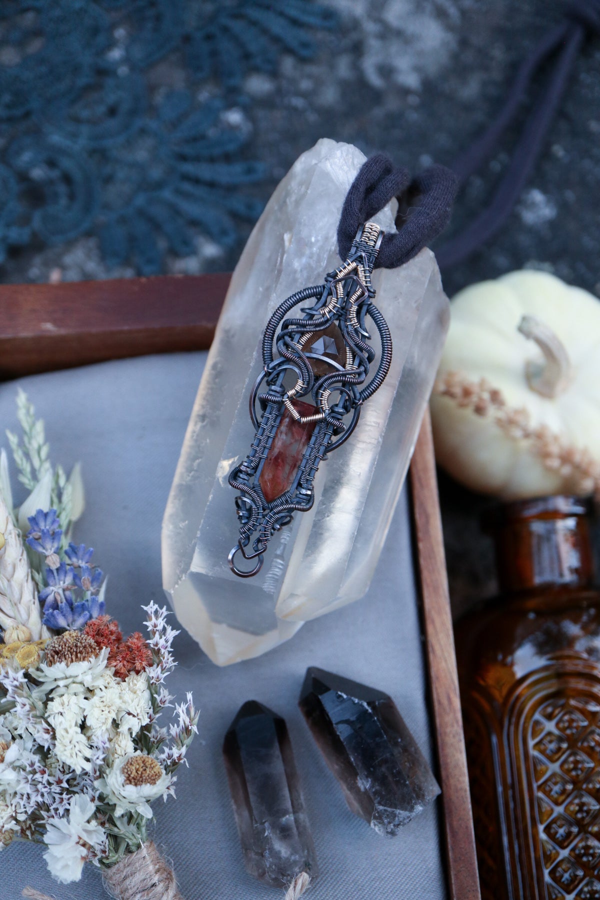 Iron included Quartz and Smoky Quartz set in Copper with Gold