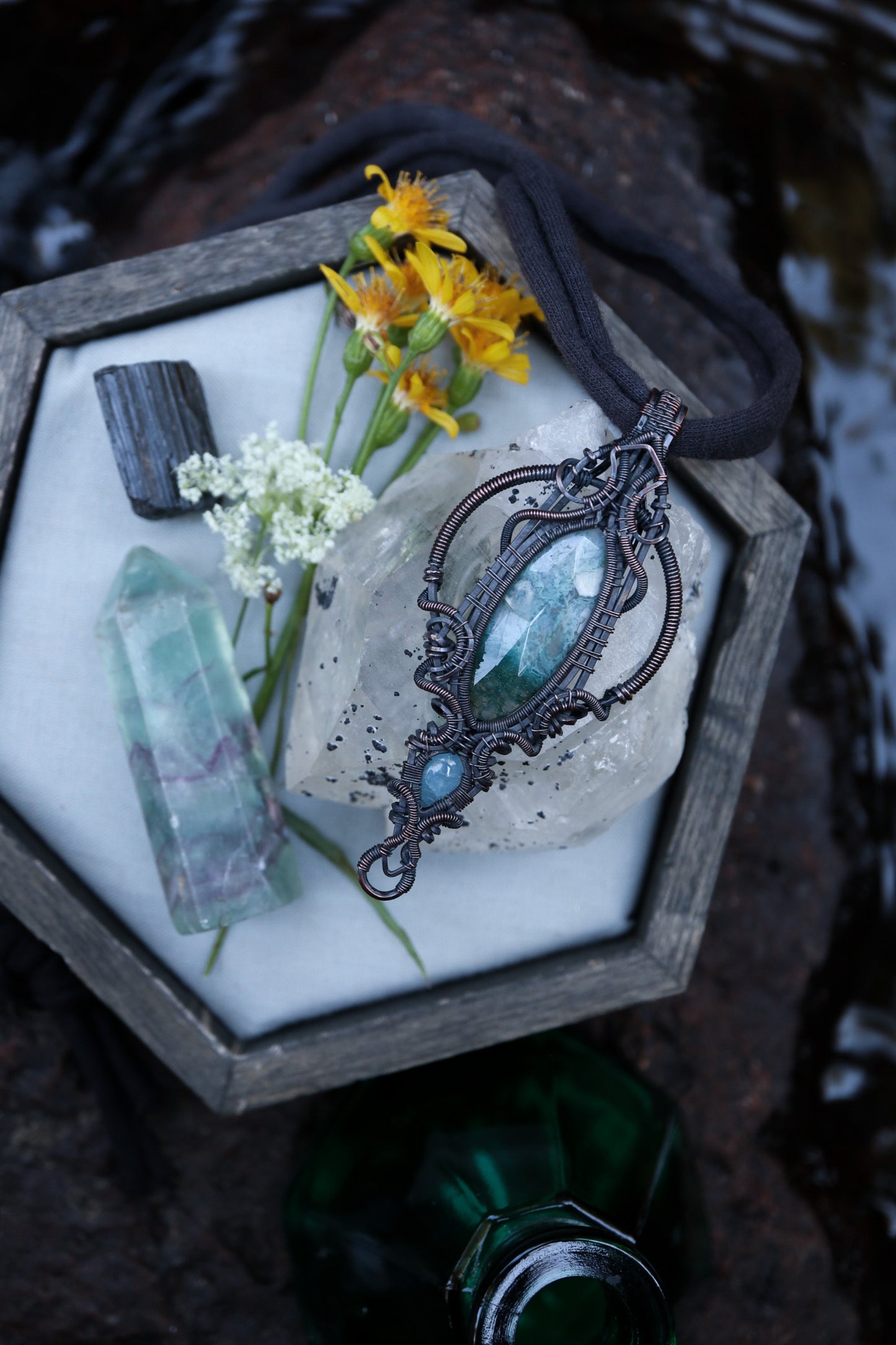 Moss Agate and Aquamarine set in Copper
