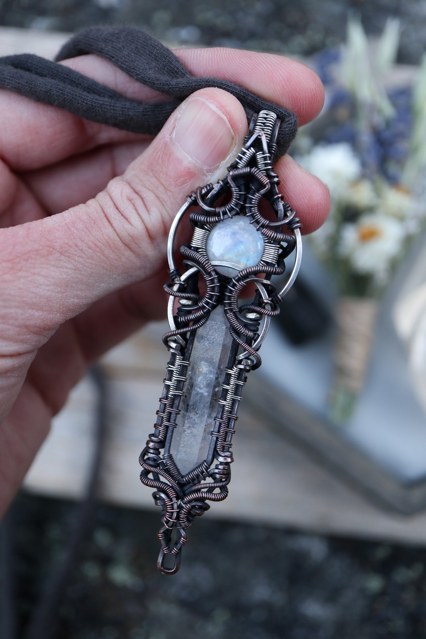 Moonstone and Himalayan Quartz in Copper with Silver