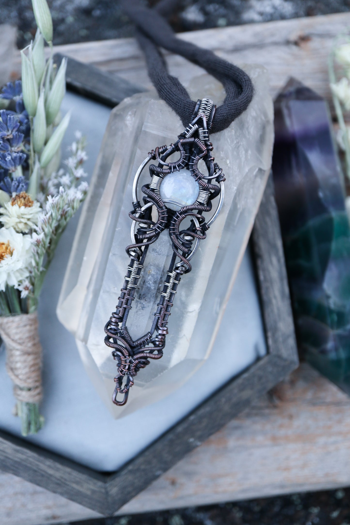 Moonstone and Himalayan Quartz in Copper with Silver