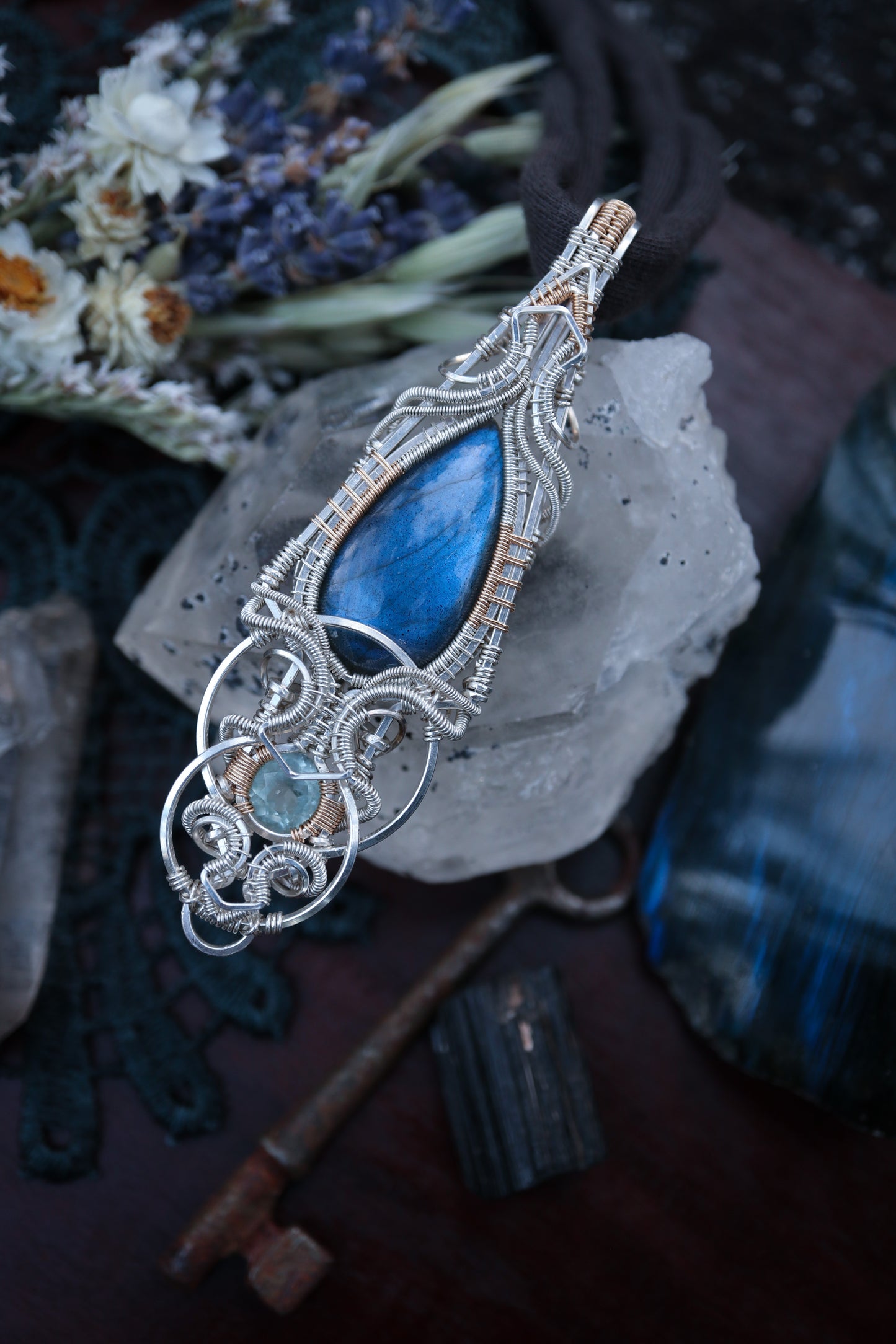 Labradorite and Aquamarine in Silver and Gold