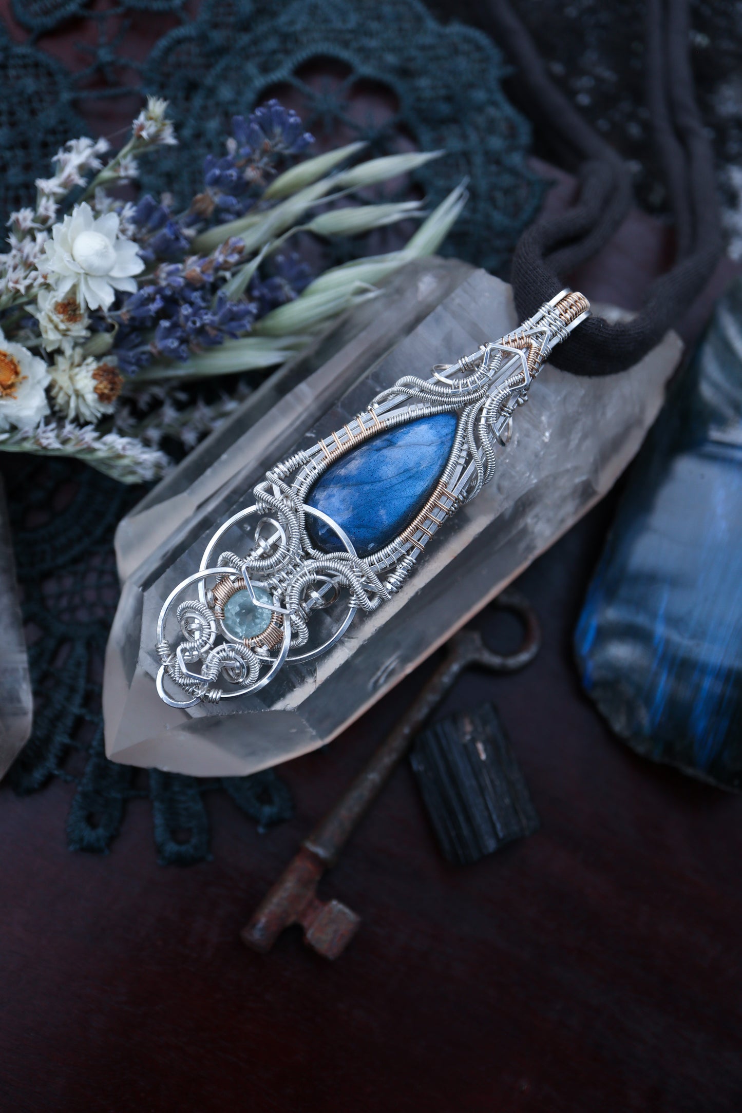 Labradorite and Aquamarine in Silver and Gold