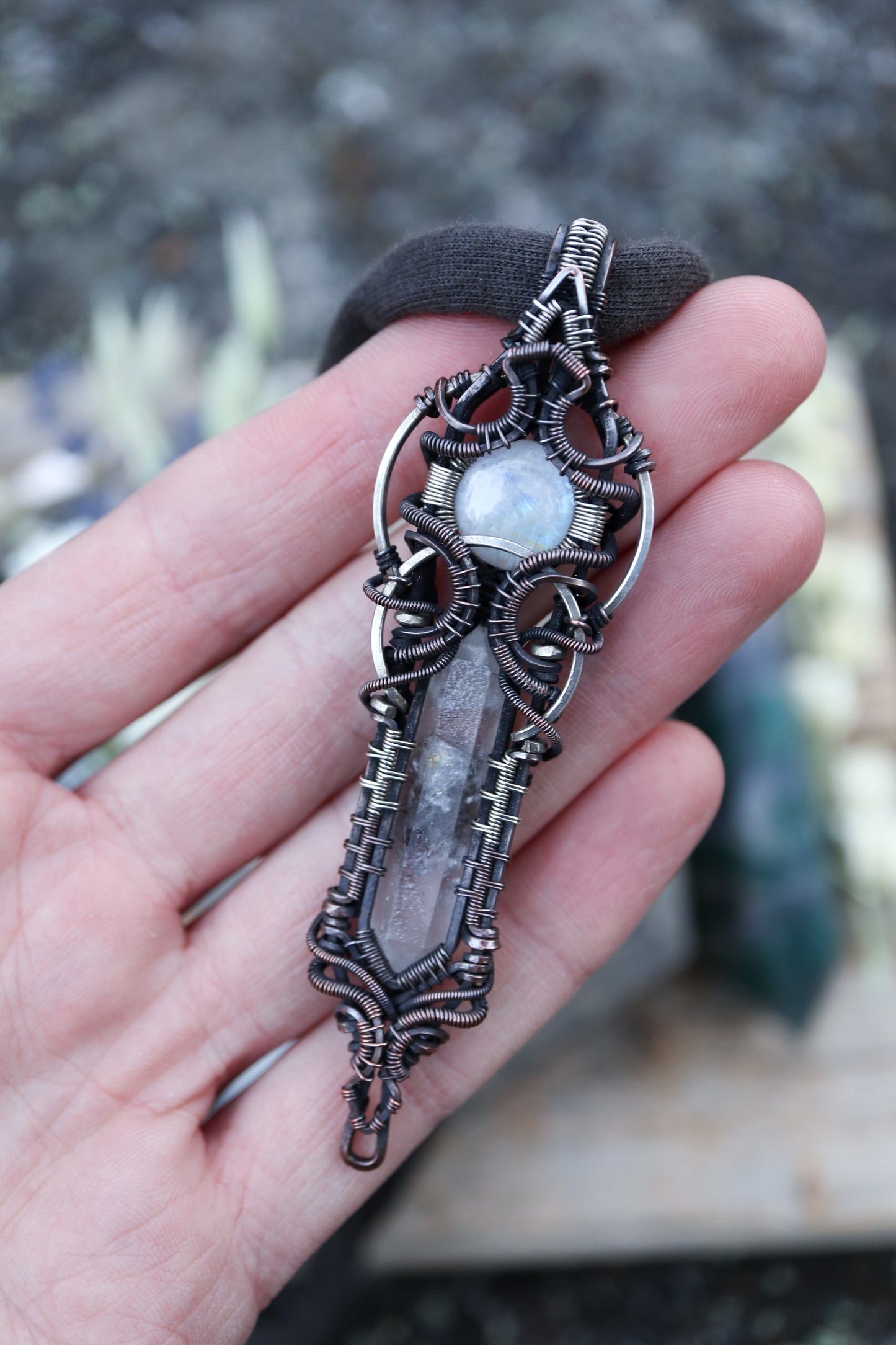 Moonstone and Himalayan Quartz in Copper with Silver