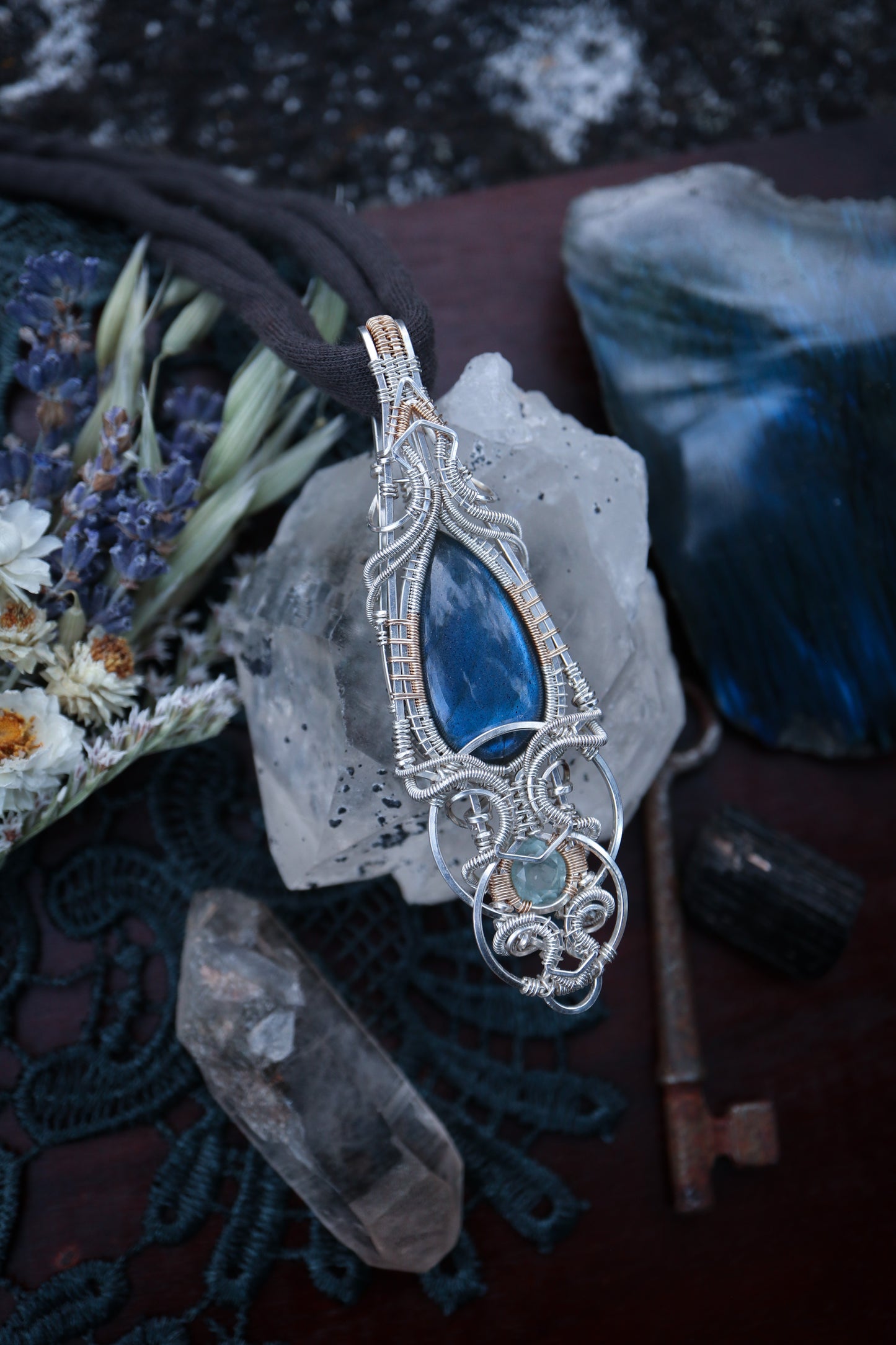 Labradorite and Aquamarine in Silver and Gold