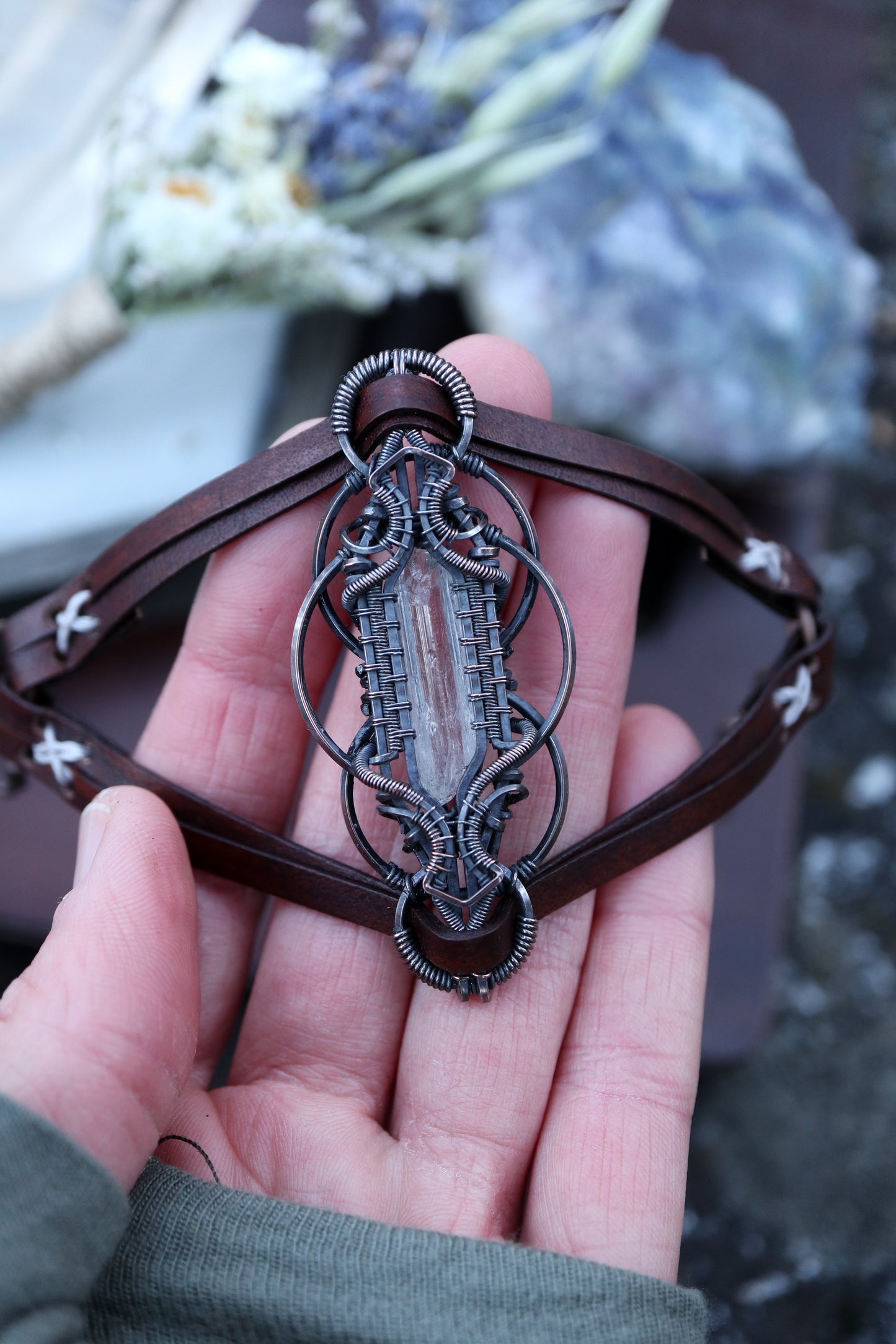 Danburite set  in Copper on Leather Bracelet