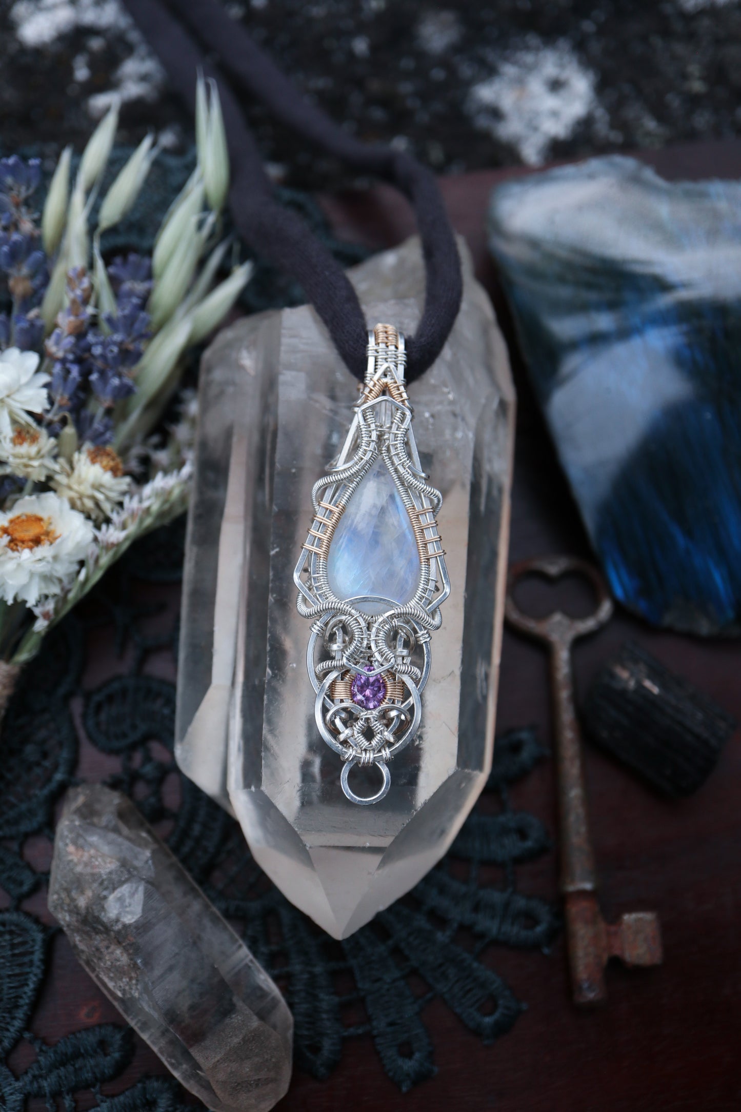 Moonstone and Amethyst in Silver and Gold