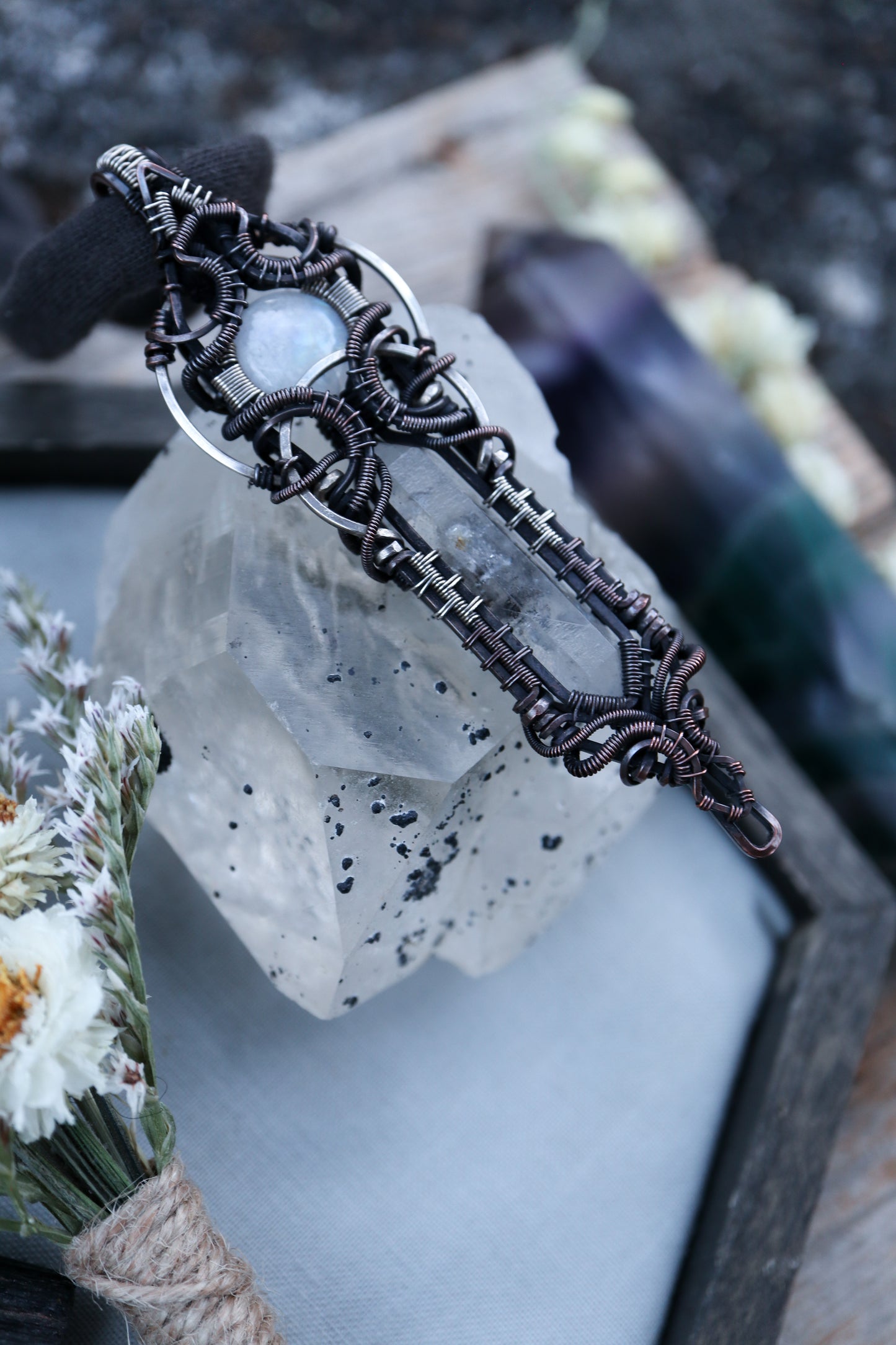 Moonstone and Himalayan Quartz in Copper with Silver